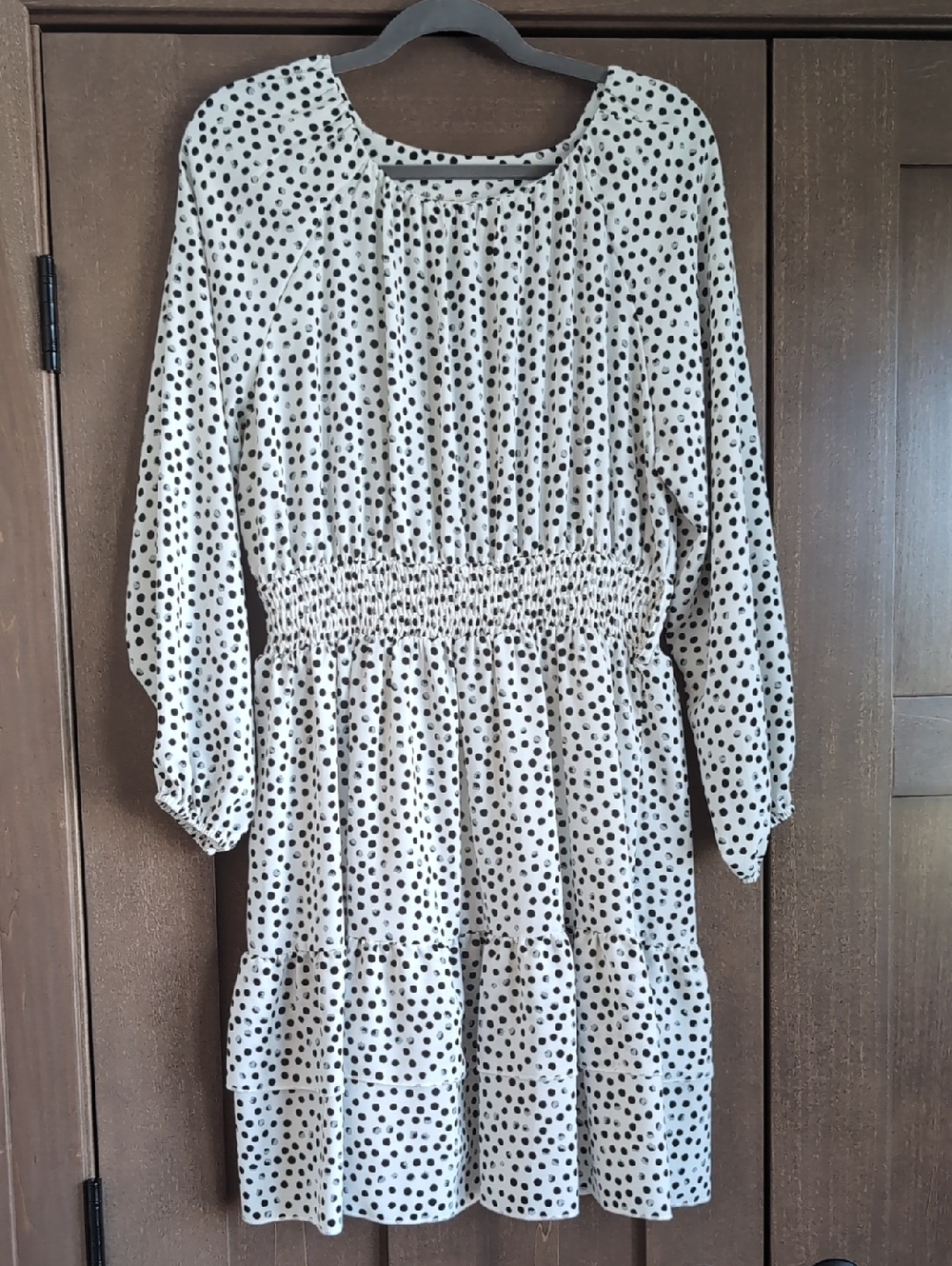 Polka Dot Long Sleeve Smocked Waist Dress - Cream/Black